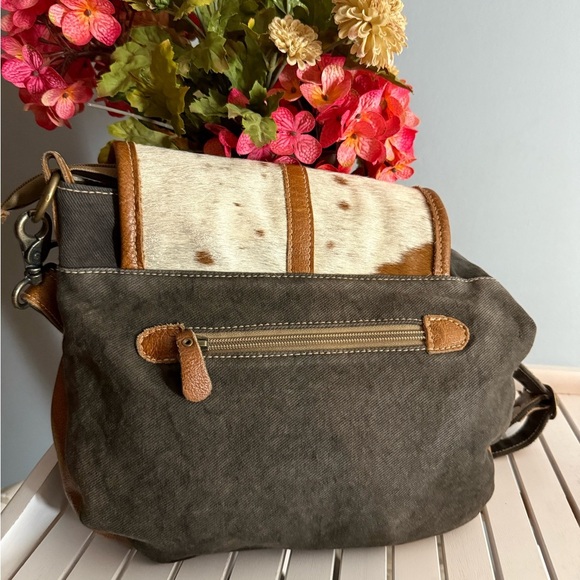 Myra Bag Purse Satchel New Cow Hide Leather canvas Medium Crossbody - Picture 2 of 10